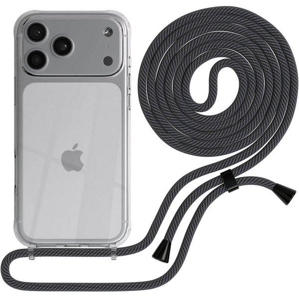 EAZY CASE Handykette Hülle mit Kette für Apple iPhone 17 Pro Max 6,9 Zoll, Handykette zum Umhängen Hülle mit Kordel Rundes Band Grau Schwarz
