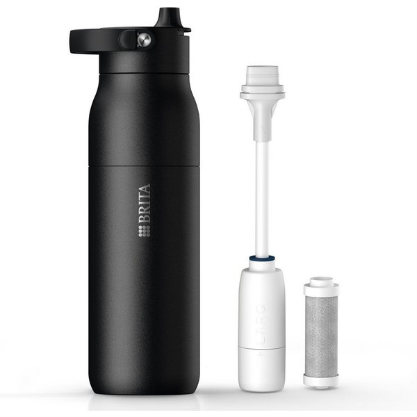 BRITA Trinkflasche BRITA LARQ Essential Filter Trinkflasche (1L) mit Strohhalm, Edelstahl Wasserflasche mit doppelwandiger Isolierung - hält 24h kalt