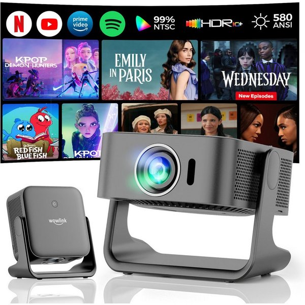 wowlink [Smart TV OS & HDR10+ & 3D Sound] 4K Beamer mit WiFi 6 Beamer (580 lm, 20000:1, 4K px, Bluetooth 5.4, Built-in Smart OS & Apps & Auto Focus & Keystone)
