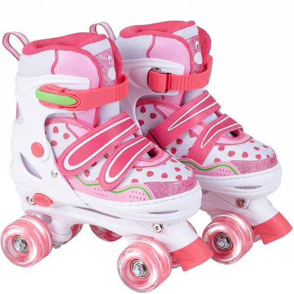COSTWAY Rollschuhe, Erdbeere Quad Skates mit 4 Größen Verstellbar & LED Rädern