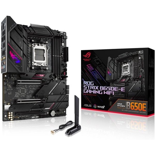 Asus ROG STRIX B650E-E Mainboard Aura Sync RGB Beleuchtung, (GAMING WIFI Mainboard Sockel, 1-St., RAm 128 GB), HDMI, AMD, Ryzen 7000, ATX, DDR5 Speicher, USB 3.