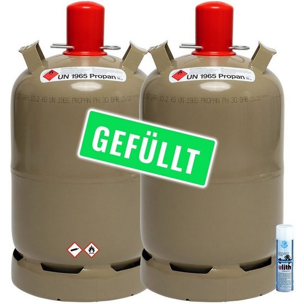 BlueCraft Camping-Gas 2x Bluecraft Propan-Gas-Flasche 11 kg gefüllt voll Campinggasflasche, 11 kg, Propan Gas-Flasche gefüllt Eigentumsflasche Inkl. Lecksuchspr