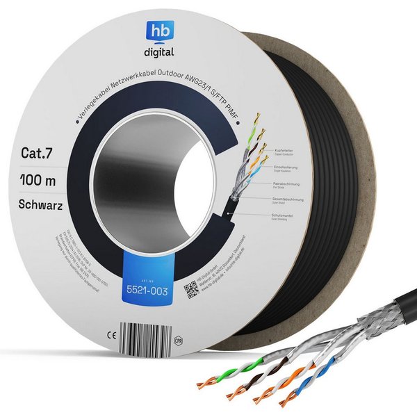 HB-DIGITAL Kabel CAT 7 Outdoor AWG23 Netzwerkkabel, Netzwerkstecker, (10000 cm), Premium Qualität mit Ø 7,2mm Außendurchmesser