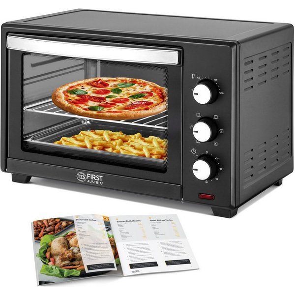 TZS FIRST AUSTRIA Minibackofen 35L 1600W, Premium-X Coating, stufenlose Temperaturregelung bis 230°C, 60 Min Timer, 3 Einschubhöhen, Doppelglastür, Umluftfunkti