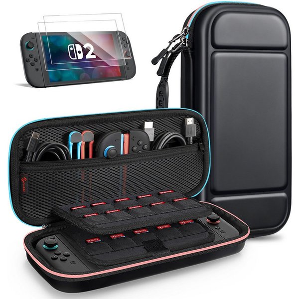 Fintie Nintendo-Schutzhülle Tasche mit 2 Panzerglas für Nintendo Switch 2(2025), 2-in-1 Zubehörset, mit 2 Stücke Schutzfolie, 1 Tragetasche mit großem Fassungsv