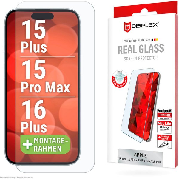 Displex Displayschutzglas Real Glass Screen Protection für Apple iPhone 15 Plus, Apple iPhone 15 Pro Max, Apple iPhone 16 Plus, Displayschutzfolie, Schutzfolie,