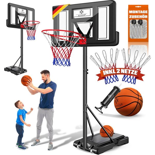 KESSER Basketballkorb 160-210cm Basketballständer Set mit Basketball, Pumpe & 2 Ersatznetzen, In- & Outdoor Basketballanlage mit Rollen für Kinder & Erwachsene