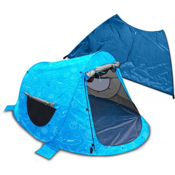 outdoorer Strandmuschel Zack Premium "Baby, Kind & Meer" - selbstaufbauend, Sonnenschutz, Große Pop-up-Strandmuschel mit abnehmbarem Boden, Vordach, Windschutz