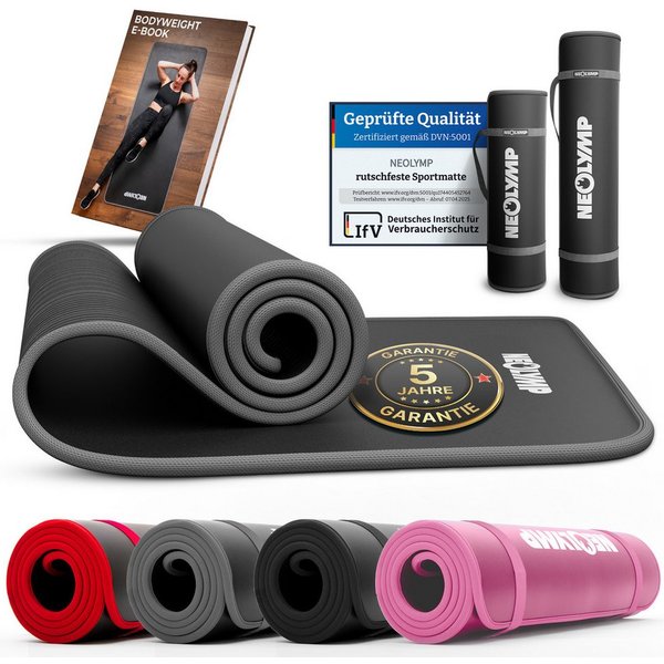 NEOLYMP Fitnessmatte (Yogamatte mit Tragegurt inklusive Trainingsbuch mit Übungseinheiten)