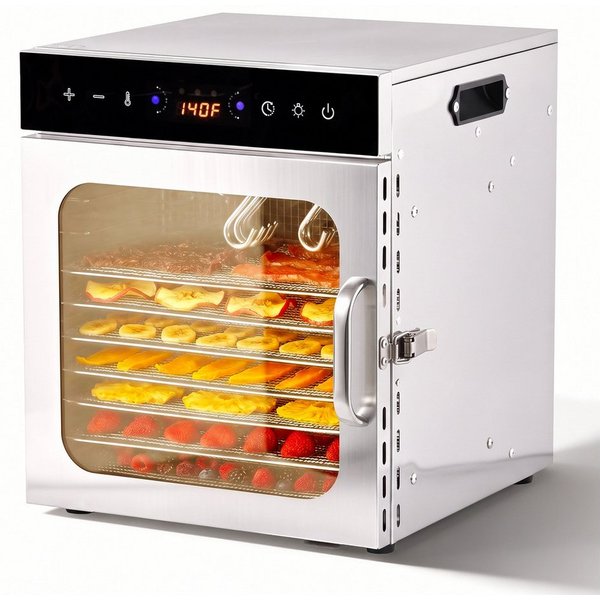 Rebonique Dörrautomat Edelstahl mit 10/12 Edelstahlgitter Food Dörrgerät Dehydrator 30–90°C 800 W, 12 Etagen, Fruchttrockner mit LED Touch-Display, BPA-frei für