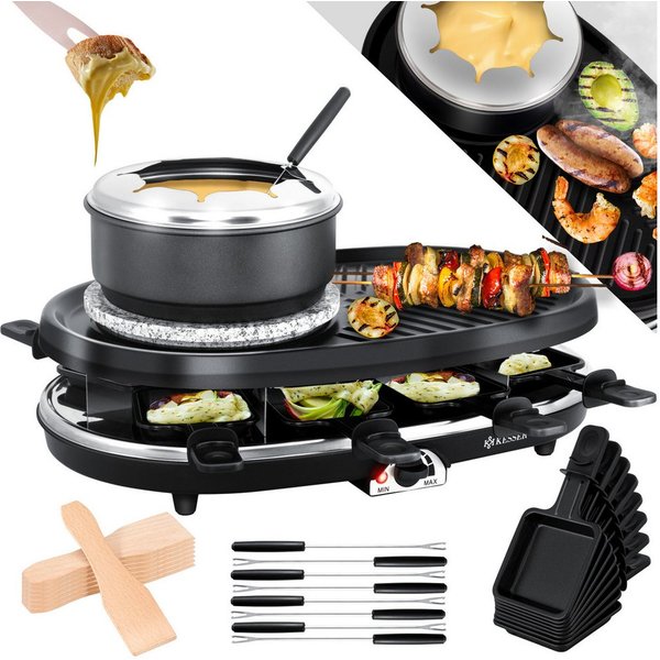 KESSER Raclette, 8 Raclettepfännchen, 1500 W, 3in1 Raclette-Grill mit Naturgrillstein, Grillplatte u. Fondue