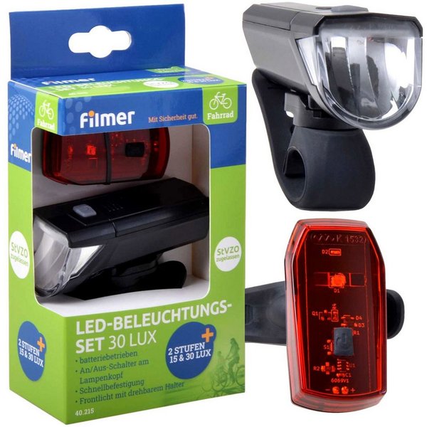 Filmer Fahrradbeleuchtung LED Fahrrad-Licht Set Beleuchtung 30 Lux Schwarz, Frontlampe 30 Lux / 15 Lux 2 Stufen Rücklicht StVZO zugelassen Halter