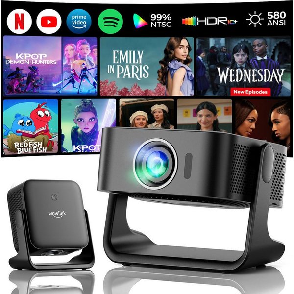 wowlink [Smart TV OS & HDR10+ & 3D Sound] 4K Beamer mit WiFi 6 Beamer (580 lm, 20000:1, 4K px, Bluetooth 5.4, Built-in Smart OS & Apps & Auto Focus & Keystone)