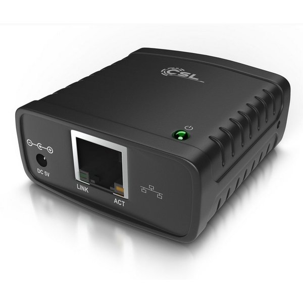 CSL LAN-Printserver für USB-Drucker, Fast Ethernet, inkl. Netzteil USB-Adapter RJ45 zu USB Typ A, Netzwerk USB zu RJ45, DHCP, LRP Print Server für PC & MAC, Win