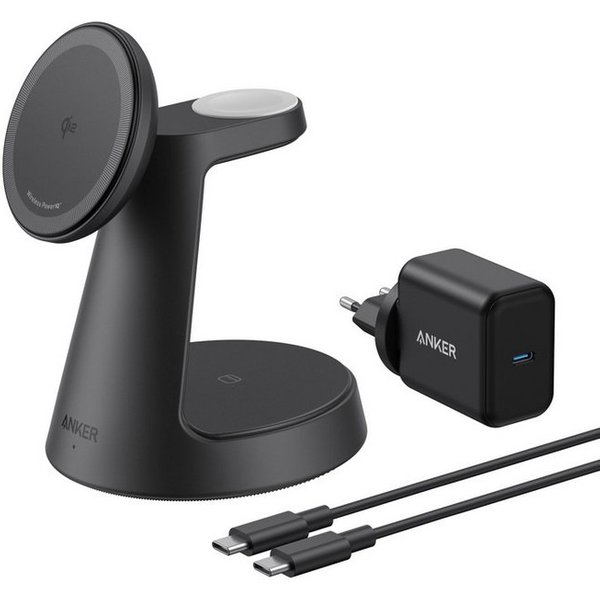Anker Anker MagGo 3-in-1 Ladestation Qi2 15W MagSafe kompatibel Ladegerät Induktions-Ladegerät (Set, kabellose Ladestation, 40W USB-C Adapter, 1,5m USB C auf US