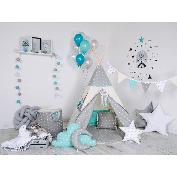 Rainbow Kids Tipi-Zelt Grauer Stern, Personen: 2 (mit Zubehör, 8 tlg., mit 4 Kissen, Matte, Spielzeugkorb und Wimpelkette)