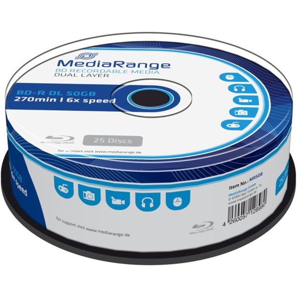 Mediarange Blu-ray-Rohling 25 Mediarange Rohlinge Blu-ray BD-R Dual Layer 50GB 6x Spindel