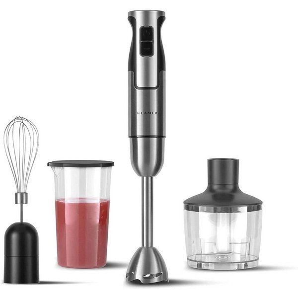 KLAMER Stabmixer Set 800 Watt, 4 in 1 Pürierstab Edelstahl mit stufenloser Geschwindig…, 800 W, Kindersicher, stufenlos regelbar, Quick-Lock-Turn-System, 4 Klin