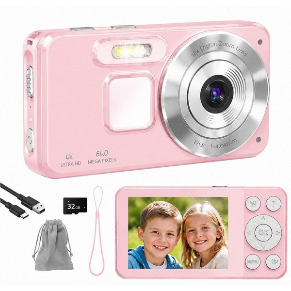 XEOOCE Digitalkamera 4K 64MP 2,8 Zoll LCD 18x Zoom Vlog Kamera Kompaktkamera (64 MP, 32-GB-SD-Karte, Transporttasche, USB-C-Kabel)