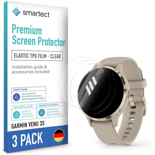 smartect Displayschutzfolie 3X TPU Schutzfolie Klar für Garmin Venu 3S New für Garmin Venu 3S New, Set, 3 Stück, Ultra-klar, Kratzfest, Blasenfrei, Oleophob, Fi