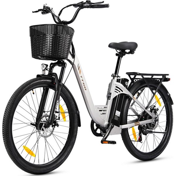 TTGO E-Bike Cityrad 26 Zoll Elektrofahrrad, 80-120km, mit Frontkorb und Gepäckträger, 7 Gang SHIMANO, Kettenschaltung, Heckmotor, 650 Wh, (bis zu 125kg, für ca.