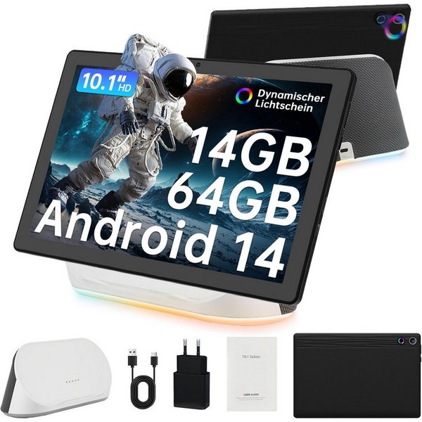 BUFO 10 Zoll Android 14 Tablet mit Ladedock & Lautsprecher, 14(3+11)GB+64GB Tablet (10", 64 GB, Android 14, WiFi 6, BT 5.0)