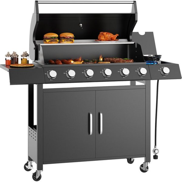 GarveeMore Standgrill Gasgrill 6+1 Brenner mit Seitenkocher,60.000 BTU BBQ Grillwagen, mit Thermometer, Unterschrank und Rollen
