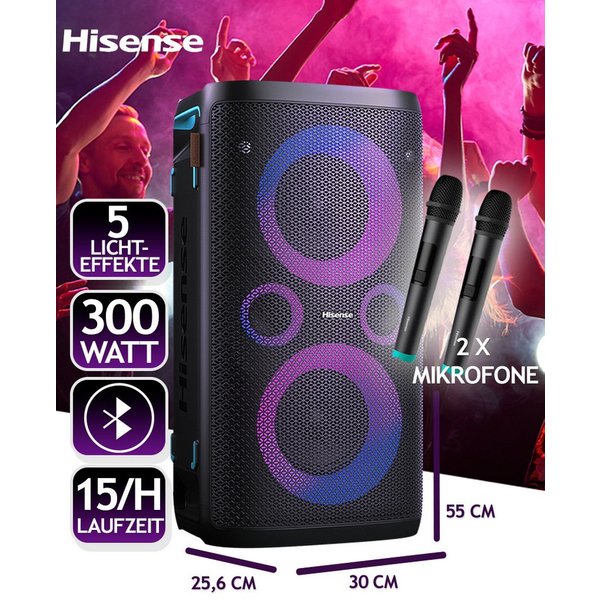 Hisense Party Storm 1 Bluetooth-Lautsprecher (Karaoke Modus inkl. 2 Mikrofone, 300W, 15 Stunden Akkulaufzeit)