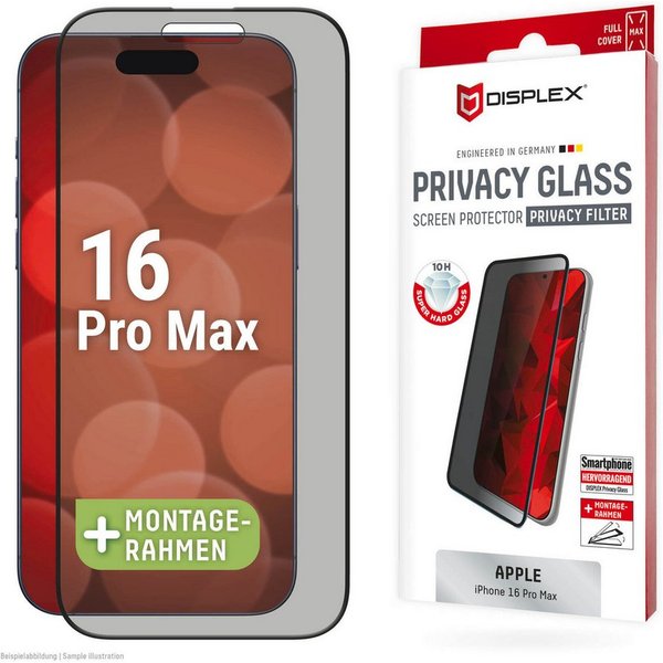 Displex Displayschutzglas Privacy Glass Full Cover für Apple iPhone 16 Pro Max, 1 Stück, Displayschutzfolie, Schutzfolie, Bildschirmschutz, kratz- & stoßfest