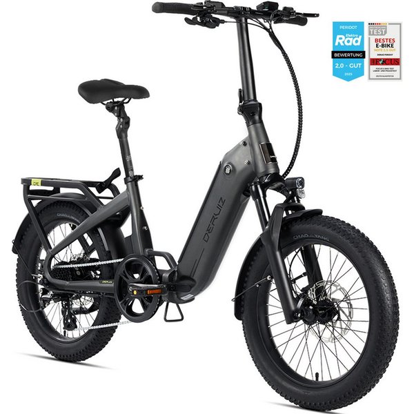 DERUIZ E-Bike Klapprad 20x3,0 Zoll, max. 140km, Federsattelstütze, mit Bluetooth, 5 Stufen, 8 Gang SHIMANO SHIMANO ALTUS 11-32T Schaltwerk, Kettenschaltung, Hec