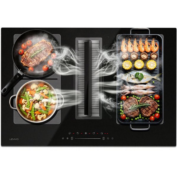 Levivo Induktions-Kochfeld Induktionskochfeld 77 cm mit 564 m³/h Dunstabzug, 8 Stufen & Booster, Touch-Control, Timer und Bridge Funktion
