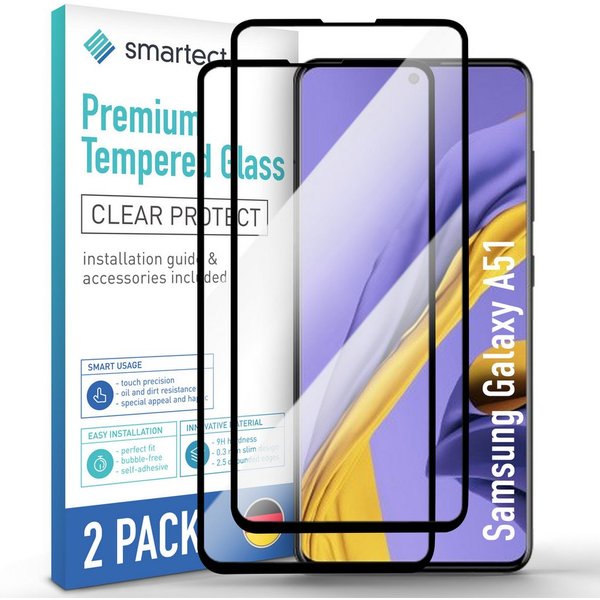 smartect Displayschutzglas 2X Schutzglas Panzerfolie Full Screen für Samsung Galaxy A51 für Samsung Galaxy A51, Set, 2 Stück, 0.3 mm Ultra-klar, 9H Härte, Kratz