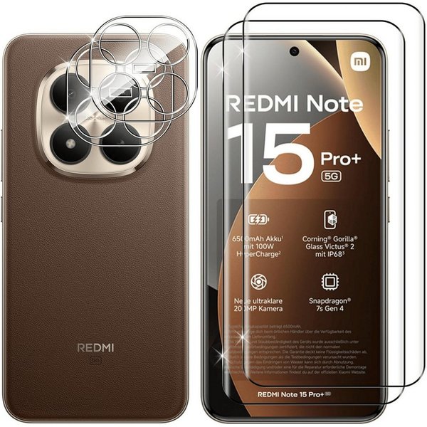 SmartUP Displayschutzglas 2X Schutzglas für Xiaomi Redmi Note 15 Pro Plus 5G Display Kamera Full für Xiaomi Redmi Note 15 Pro Plus 5G, 4 Stück, Rundumschutz, pa