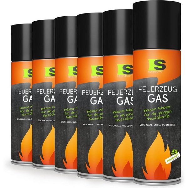 Spraytive Gaskartusche 6x 500ml XXL Butangas für Flambierbrenner & Feuerzeuge - Feuerzeuggas, Made in Germany