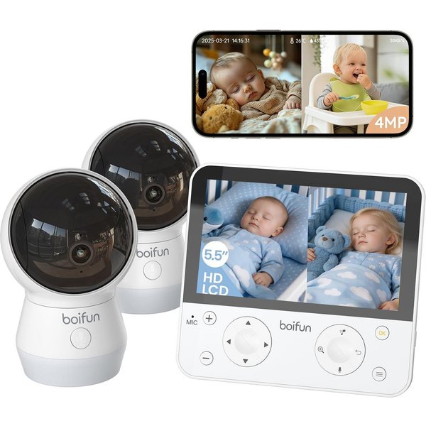 Boifun Babyphone 4MP Babyphone mit 2 Kameras App, Split-Screen-Ansicht, KI/Weinen/Bewegungs/Geräuscherkennung, Intelligente Nachtsicht, Automatische Verfolgung,