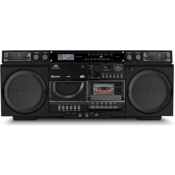 Medion® Audio-System Retro Boombox LIFE® P66538 (MD44538) (20 W, A2DP Bluetooth, AVRCP Bluetooth, Bluetooth, 80er, groß, USB, SD, CD, Kassetten, MC, DAB+ Radio,