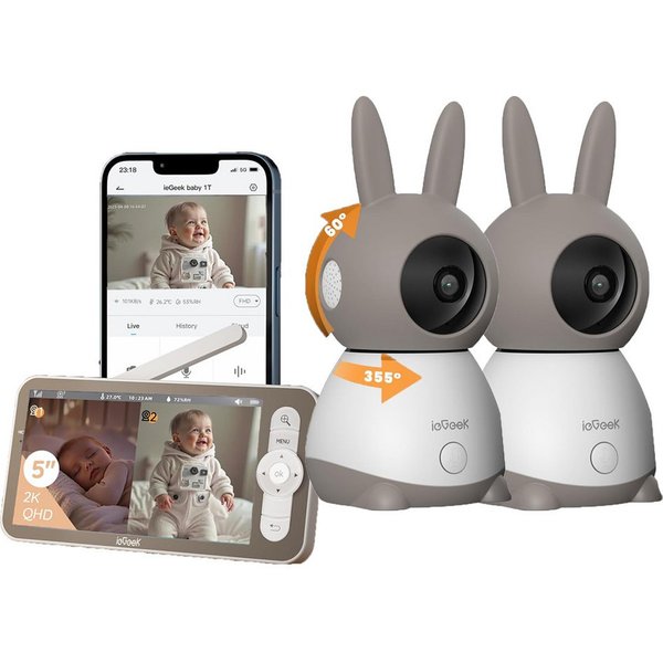 TWUFY Babyphone Split-Screen Babyphone mit 2 Kameras 5" HD Video Babyphone PTZ, Babyphone mit 2 Kameras und Audio, Weinen/Bewegungs/Geräuscherkennung, Bewegungs