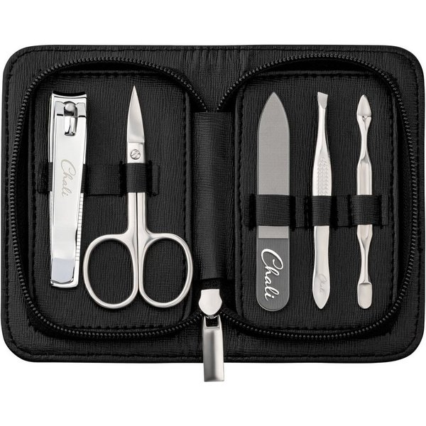 Chali Maniküre-Pediküre-Set Maniküre Set 5-tlg. - Edelstahl Nagelset für Herren und Damen mit Etui, 5-tlg., Schere, Knipser, Glasfeile, Hautschieber, Pinzette, 