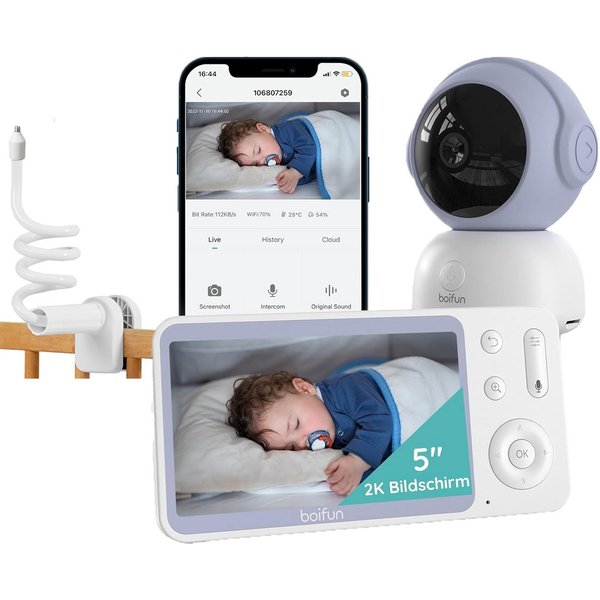 Boifun Video-Babyphone Babyphone 720P mit Kamera 5 Zoll Baby Monitor, mit Kamera und Audio WLAN, 3000-mAh-Akku, 1-tlg., unterstützt Temperaturüberwachung Schlaf