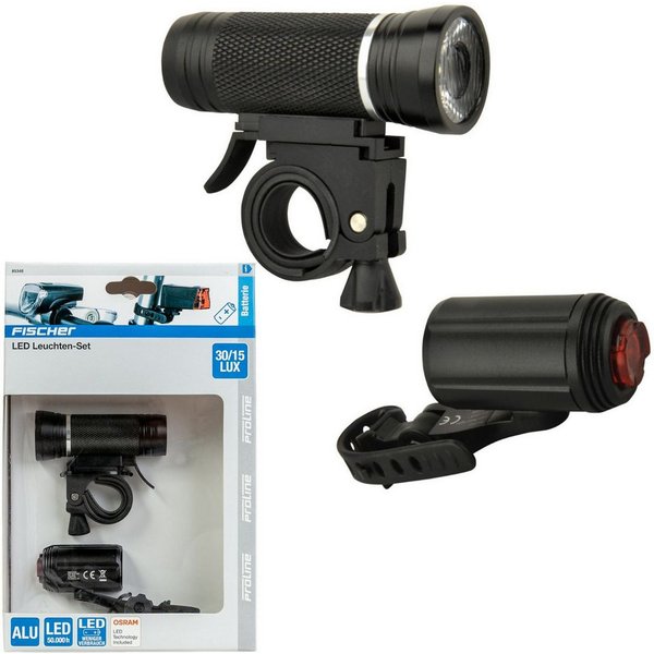 FISCHER Fahrrad Fahrradbeleuchtung LED Fahrrad-Licht Set ALU Beleuchtung 30 Lux, Frontlampe 30 15 Lux 2 Stufen Rücklicht StVZO zugelassen Halter