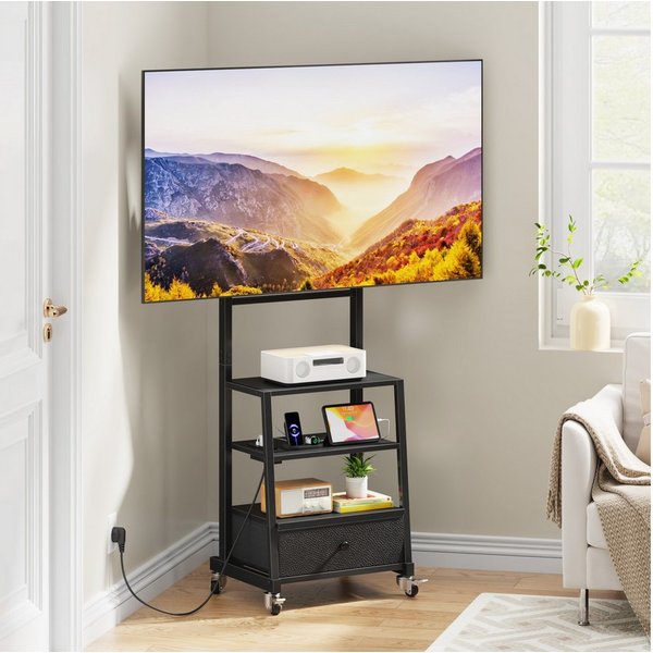 OYRREU TV-Ständer auf Rollen, höhenverstellbar, mit Halterung, Steckdose, Stoffschublade, (bis 75 Zoll, TV-Wagen mit Ablage, Monitorständer 1-St., für Fernseher