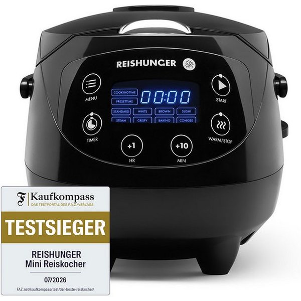 Reishunger Reiskocher Digital Mini – 0,6 L – Multikocher – 8 Programme – Keramikbeschichtung, 350 W, Dämpfeinsatz, Messbecher, Reislöffel, Timer- und Warmhaltef