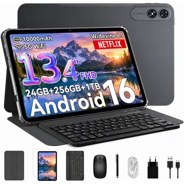 VekfulPC 13.4" Android 16 10000mAh mit Tastatur Maus Kopfhörer Stift Tablet (13.4", 256 GB, Android16, 120Hz, Octa-Core, FHD+IPS, Gemini AI, mit Zubehör/Kabel-H