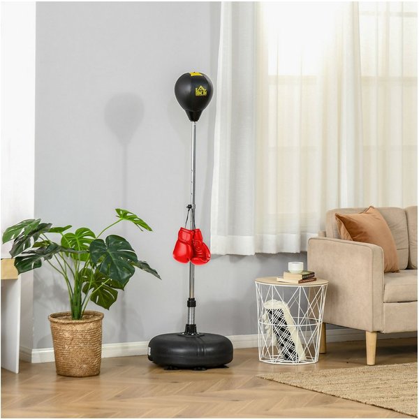 HOMCOM Punchingball Standbox Boxsack geeignet für Profis und Anfänger Schwarz (Set, 3-tlg., 1 x Boxball, 1 x Paar Handschuhe, 1 x Inflator), höhenverstellbar
