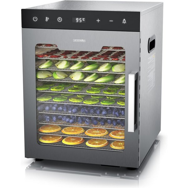 Arendo Dörrautomat Edelstahl, Temperaturregler von 30° bis 90°C, Dörrgerät, Dehydrator 800 W, 10 Etagen, Obst, Fisch, Fleisch Dörrapparat, Obsttrockner, Timer 0