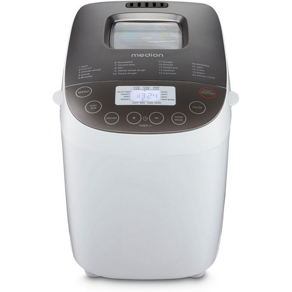 Medion® Brotbackautomat MD 12040, 20 Backprogramme, 3 Bräunungssufen, doppelter Knethaken, 20 Programme, 950 W, Bis zu 1600g Fassungsvermögen, Warmhaltefunktion