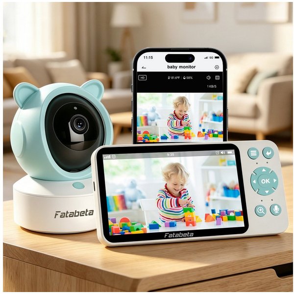 FATABETA Babyphone Babyphone mit Kamera, 5 inch WLAN Video Babyfon, 1080P Video-Babyphone, Duale Steuerung per App & Monitor, Weinen/Bewegungs/Geräuscherkennung