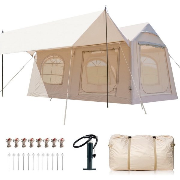 Meulbaty aufblasbares Zelt Camping Zelt Sufblasbar mit Kaminöffnung & Dachfenster Vordach, Personen: 12 (1 tlg), 10-12per XXL, mit Markise