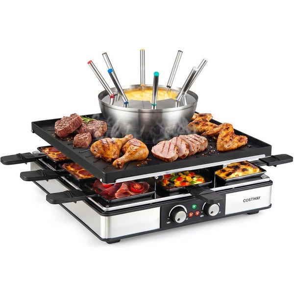 COSTWAY Raclette Grill Elektrogrill mit Fondue, 8 Raclettepfännchen, 2200 W, doppelter Thermostate, Fondue