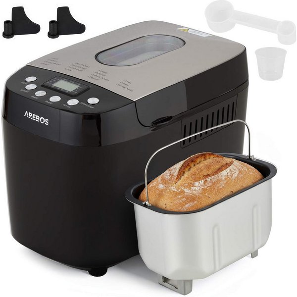 Arebos Brotbackautomat, mit 15 Programmen, 2 Knethaken, Timer, LCD Display, 15 Programme, 850 W, 3 Brotgrößen (1000/1250/1500 g)